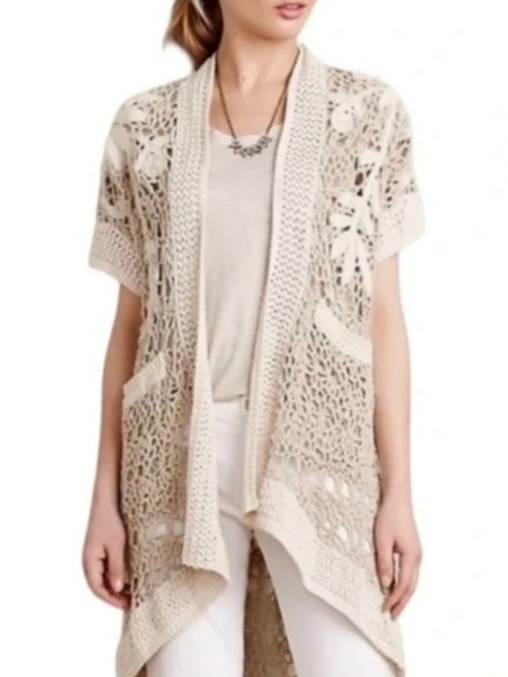 Angel Of The North Cream Openwork Crochet Short-Sleeve Cardigan